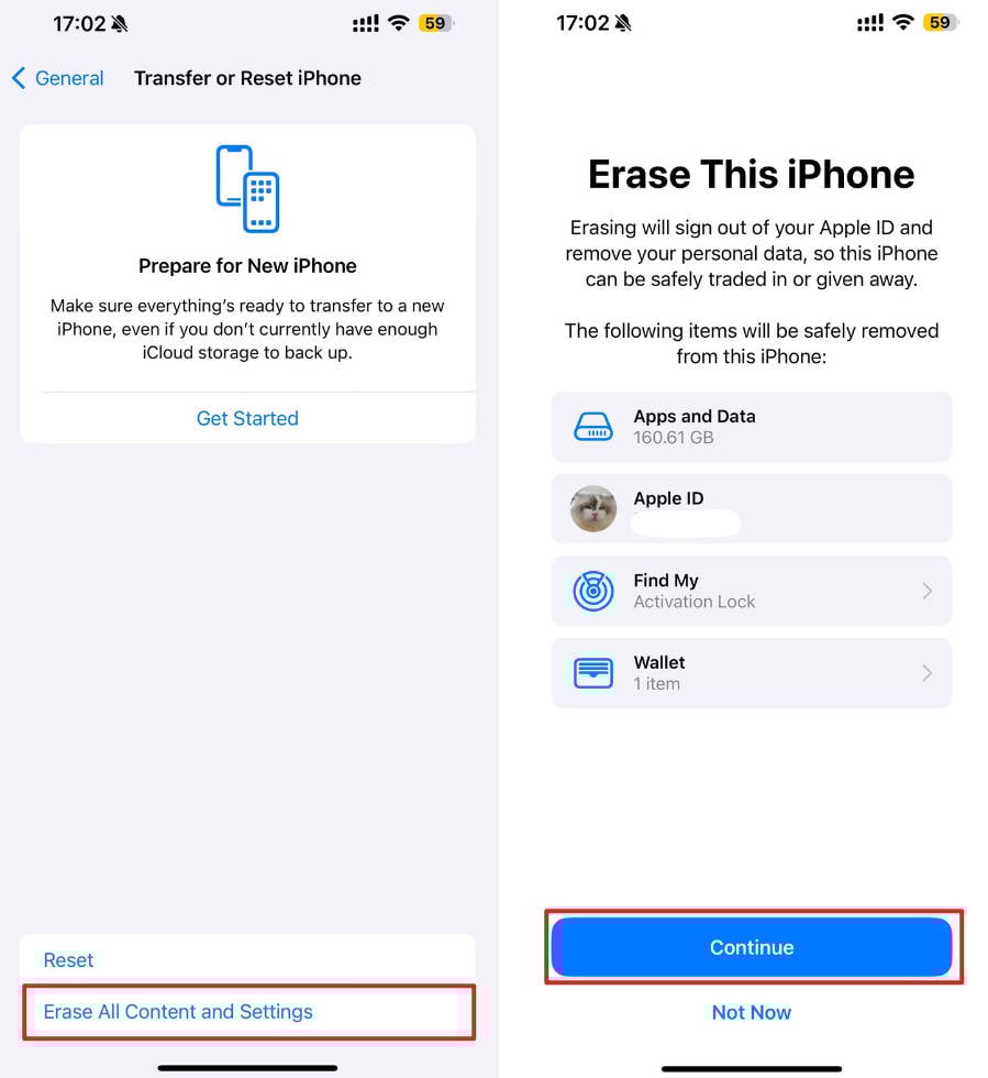 Proceda con Borrar este iPhone