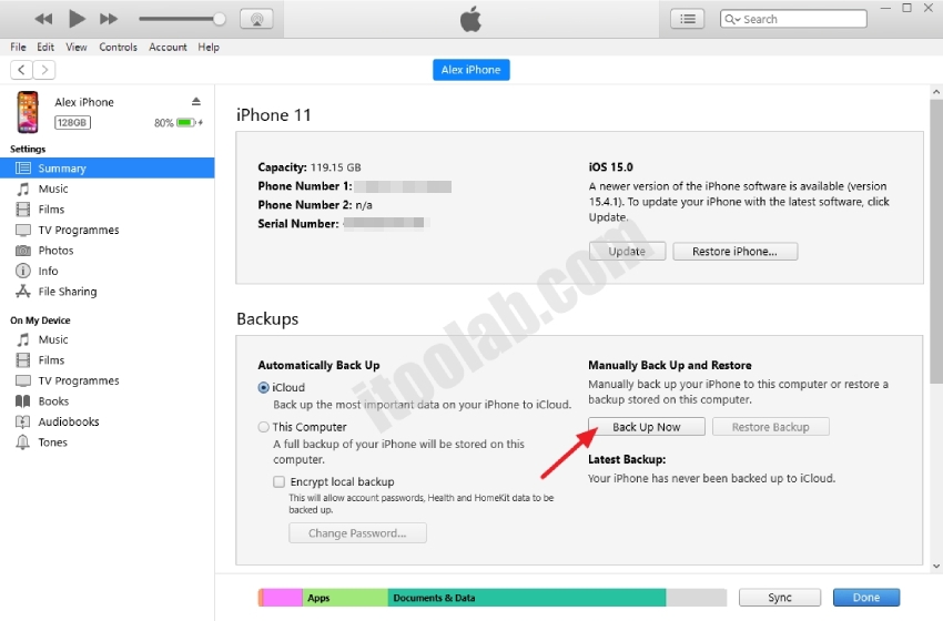 iPhone de copia de seguridad usando iTunes