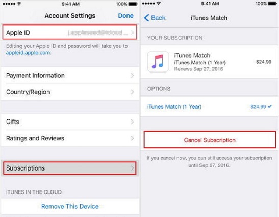 Cancelar suscripción para iTunes Match