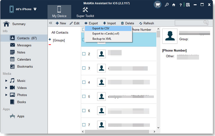 Vista previa y seleccione datos de iPhone para transferir
