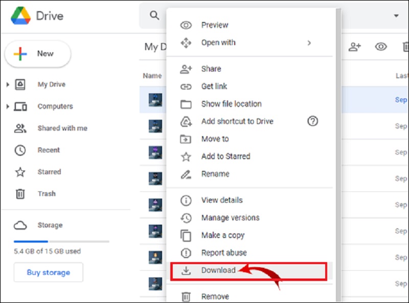 presione el botón de descarga de Google Drive