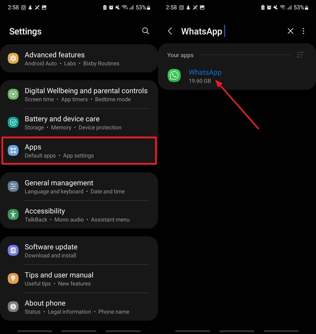Localice WhatsApp desde la configuración de aplicaciones