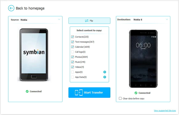 Seleccione datos para transferir de Nokia a Nokia