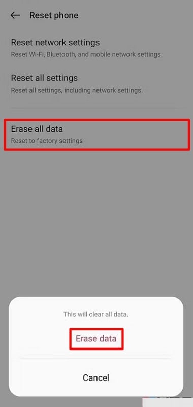 Presione la opción Borrar datos