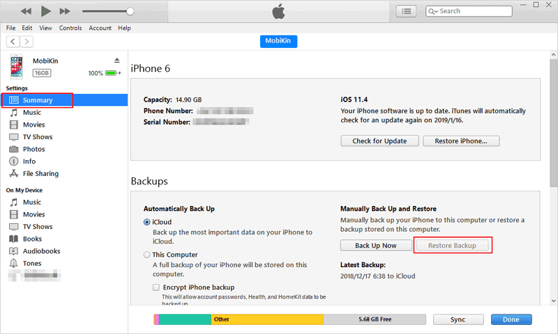 Recupere el iPhone de la copia de seguridad en la computadora a través de iTunes
