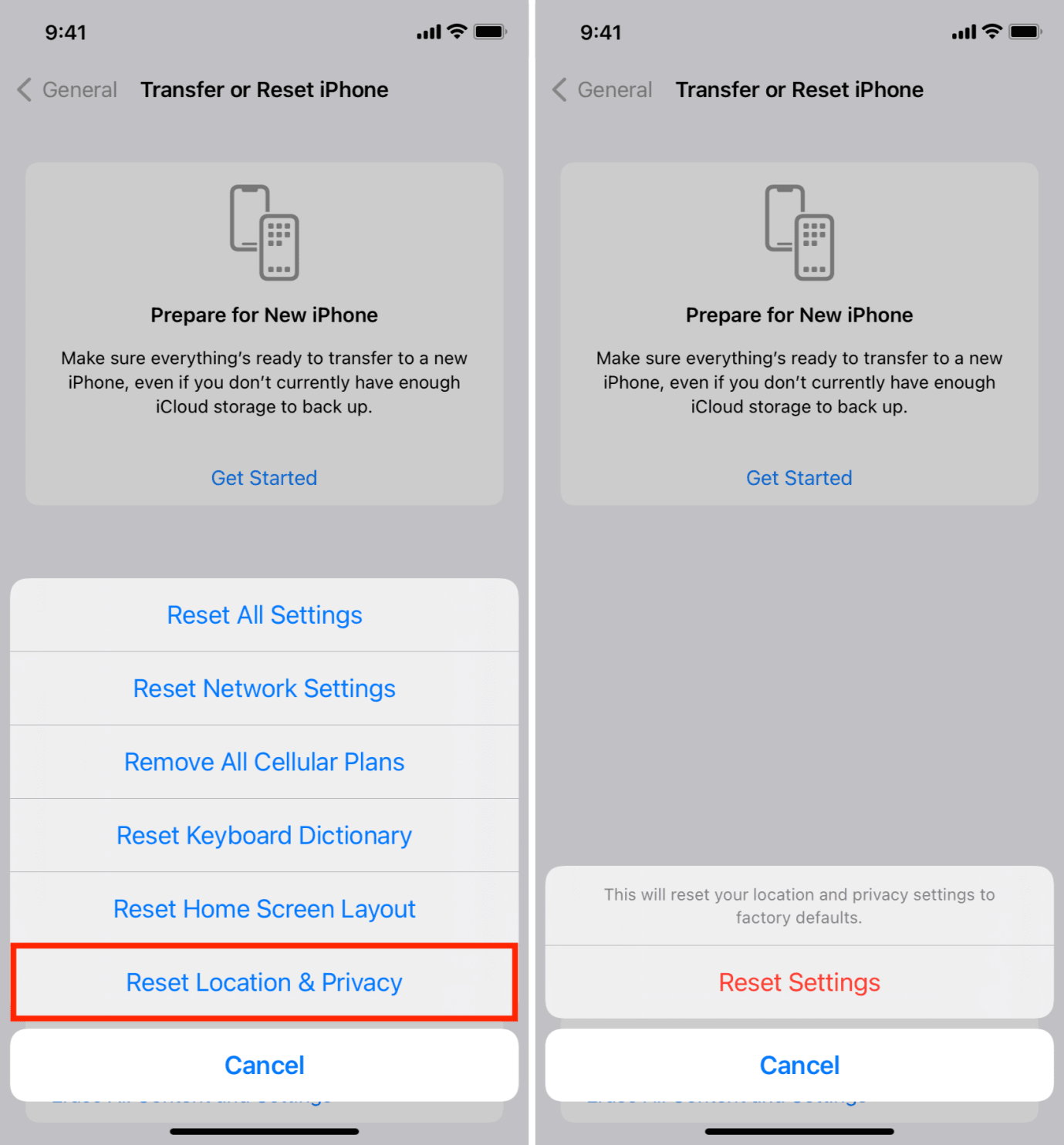 Restablecer la ubicación y la configuración de privacidad en iPhone