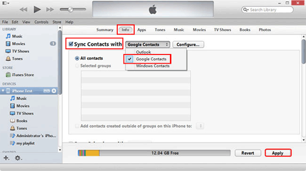 Transferir contactos desde iPhone a Sony a través de iTunes