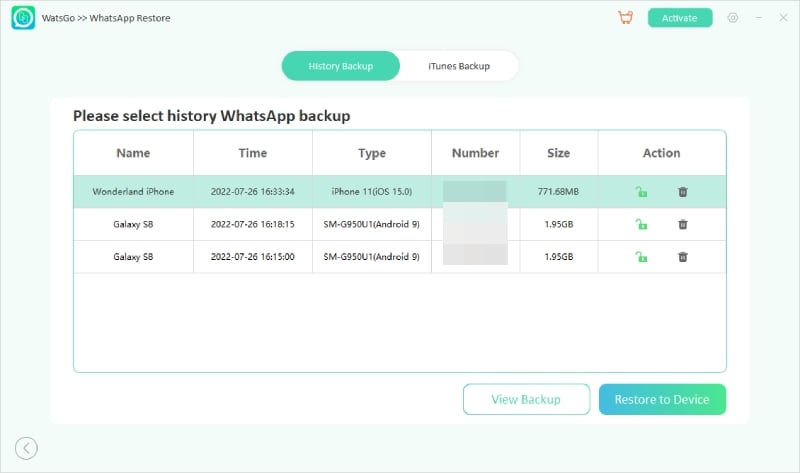 Guía de Watsgo: seleccione Datos de copia de seguridad de WhatsApp para restaurar 