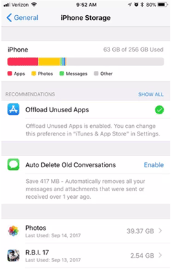 Espacio de almacenamiento liberado en iPhone