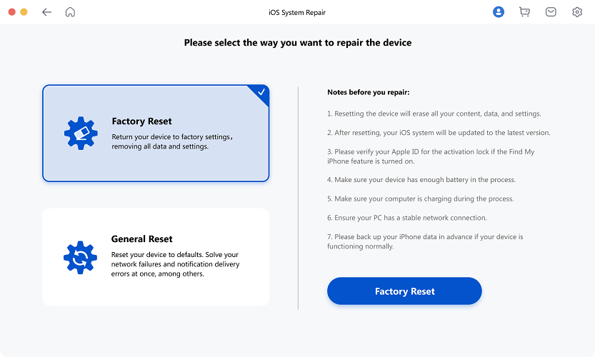 Reparación estándar de Mobitrix Perfix: seleccione el modo estándar