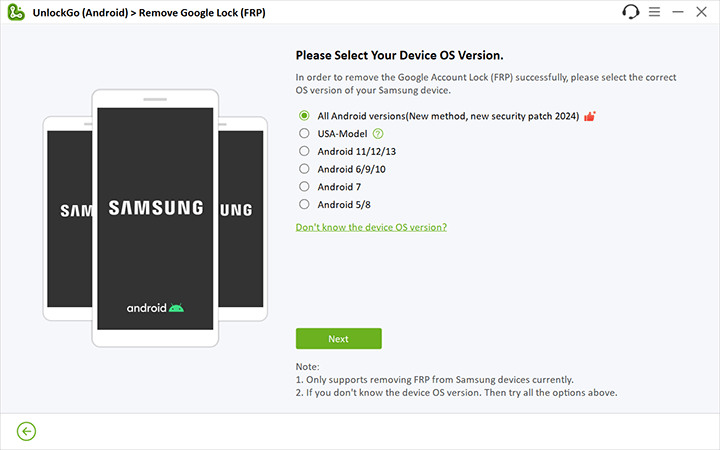 Seleccione Bypass FRP para todas las versiones de Android