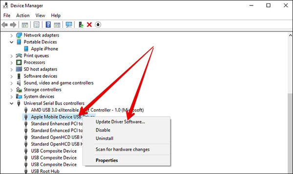 Reinstale el controlador USB del dispositivo móvil Apple